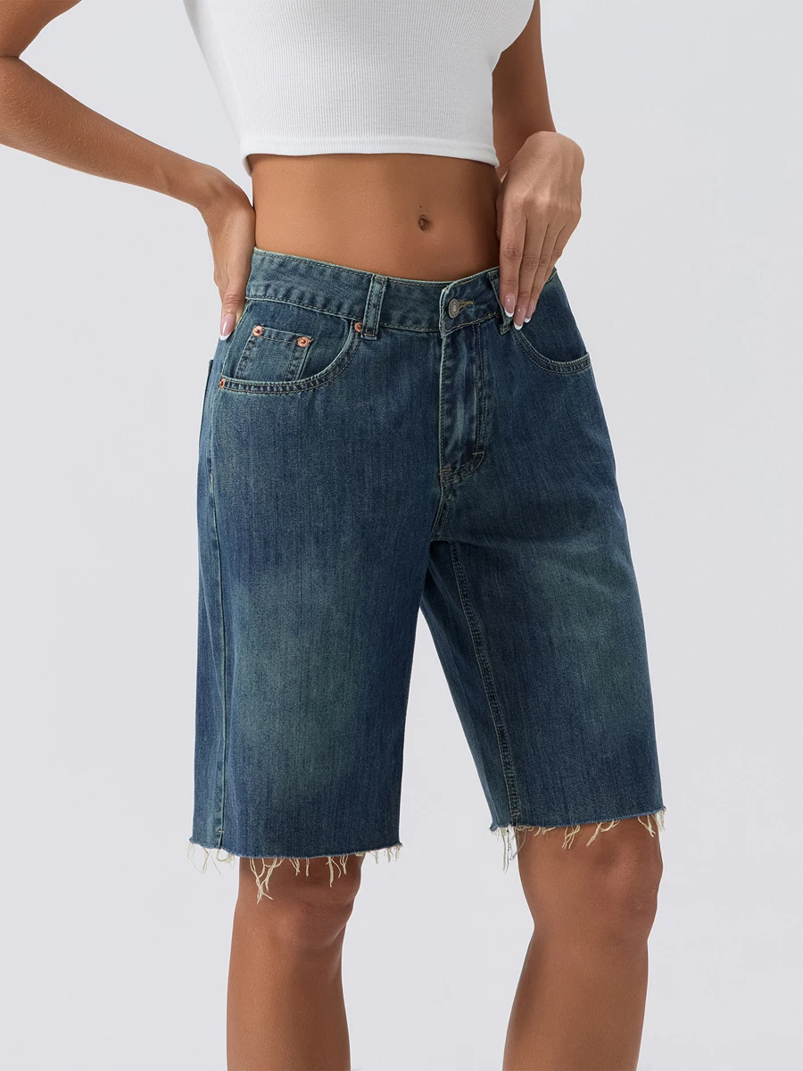 Women Wide-Leg Denim Shorts Solid Color Mid-Rise Retro Jeans Shorts Summer Knee Length Loose Shorts Streetwear