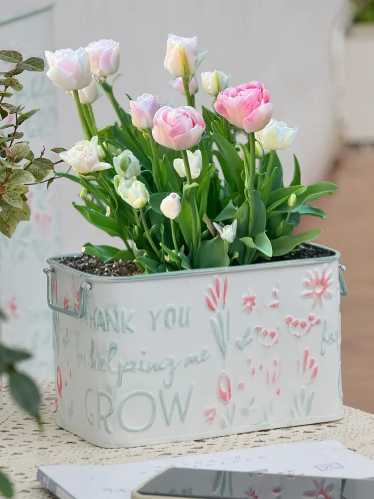 Iron Bucket Square Oval with Dual Handles Relief Printing Flowerpot Garden Grocery Storage Bucket Garden Planting Decoration
