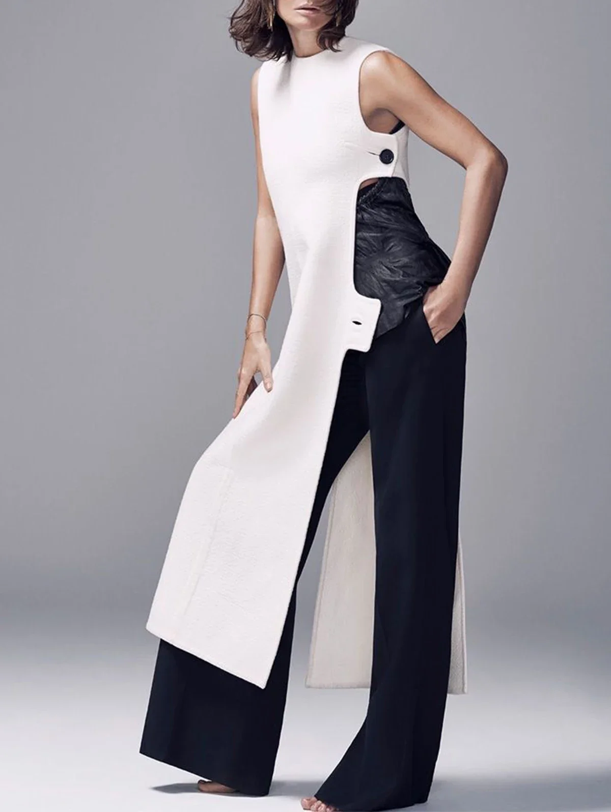 

Women's Fashion Plain Crew Neck Sleeveless Slit Dress Sexy Vintage Casual Chic Summer Slim Single Button High Street Long Dress