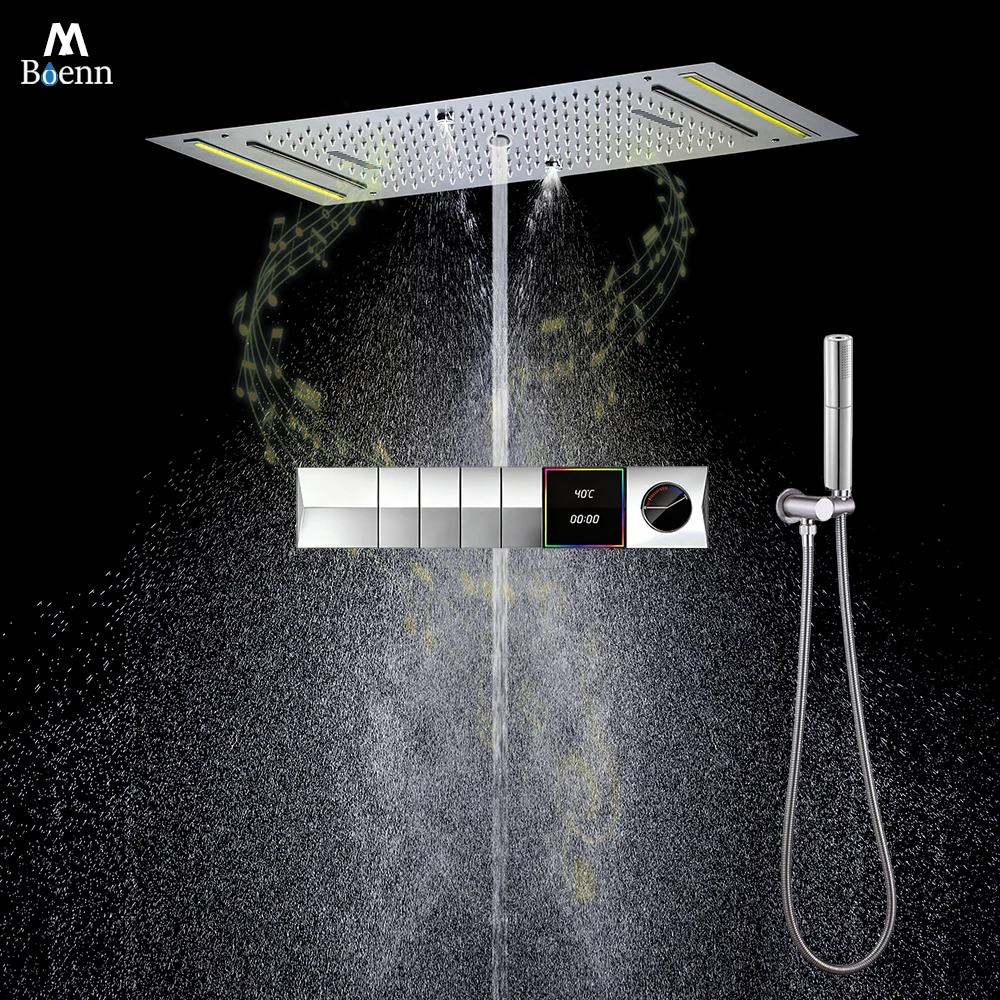 M Boenn 4 Functions Shower Set Smart Digital Display Thermostatic Mixer Ceiling LED Shower Head Rainfall Bathroom Faucets System