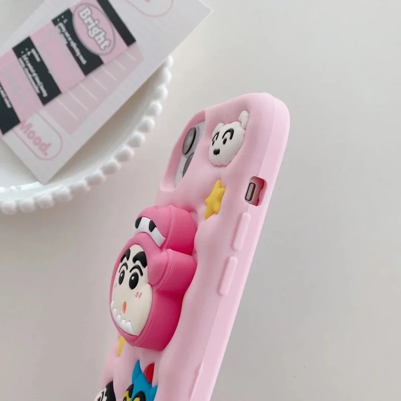 Funny cartoon 3D solid Crayon Shin-chan Holder Phone Case For iPhone 12 13 14 15 16 Pro Max Soft silicone Cute Shin-chan Cover﻿