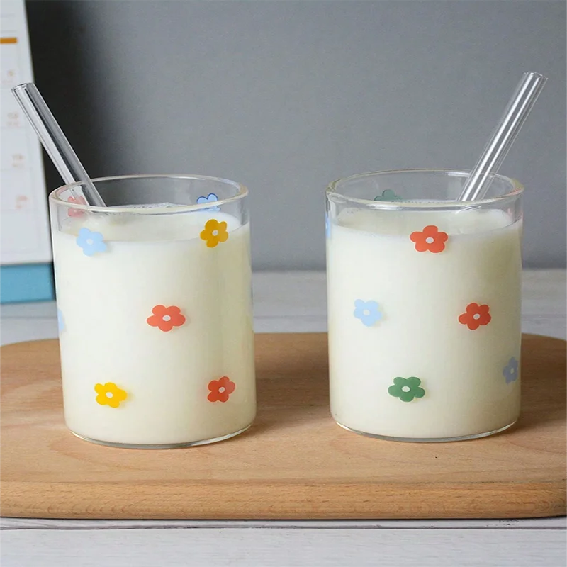 Cute Floral Glass For Milk Juice Made Of High Borosilicate Heat-resistant Glass Microwaveable Suitable For Home Office