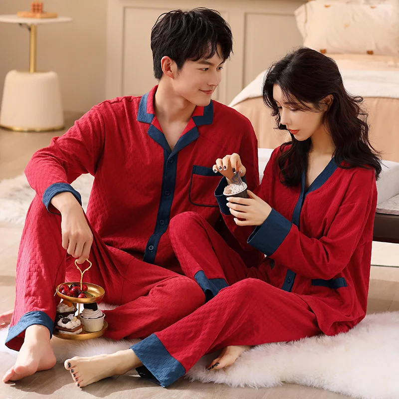 Couples V-Neck Pajamas Festive Red Pajama Sets Sleepwear Long Sleeve Tops + Pants Pyjamas Cotton Home Clothing Pijamas Mujer