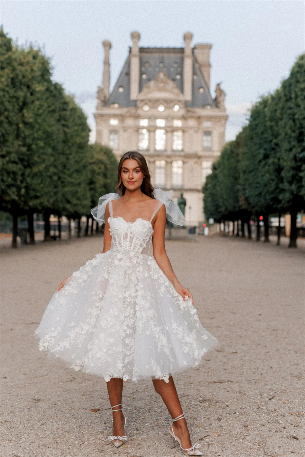 Amanda princesa hasta la rodilla A-line Vestidos De Novia 3D flor encaje vestido De Novia arco en correas tul personalizado Robe De Mariée