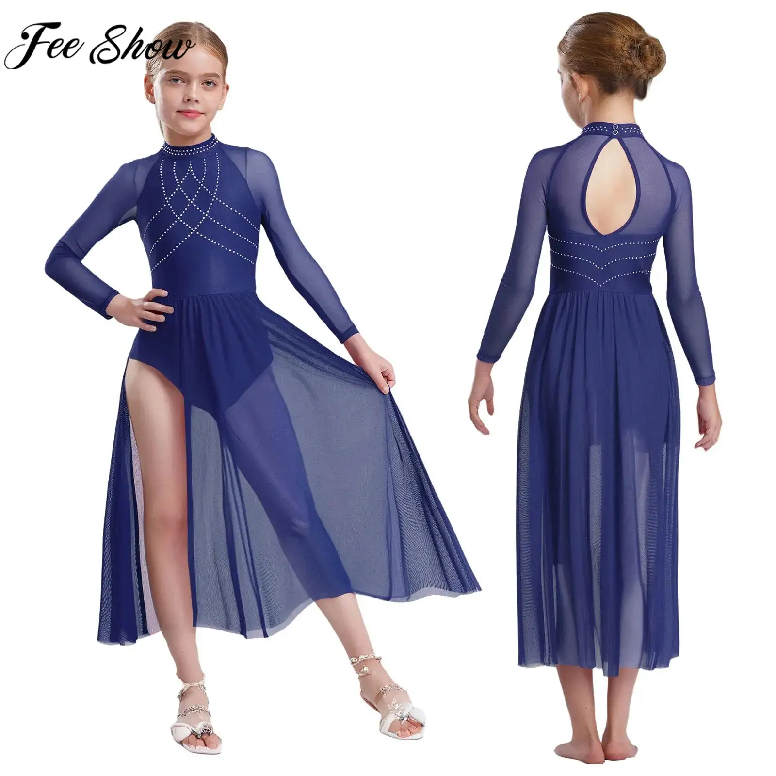 6-16Y الفتيات الغنائية الرقص الشكل التزلج الجمباز أداء زي لامعة الراين بقماش شفاف سبليت فلوي يوتار فستان #1