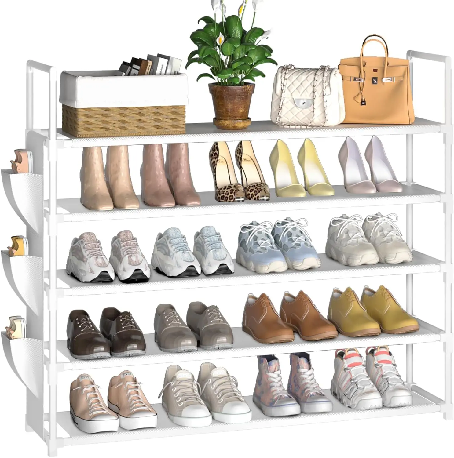 

5 Tier Shoe Organizer, 33.3in Wide x 11.2in Deep x 35.6in Tall, Black Metal and Plastic Shoe Rack with Side Bag, Holds