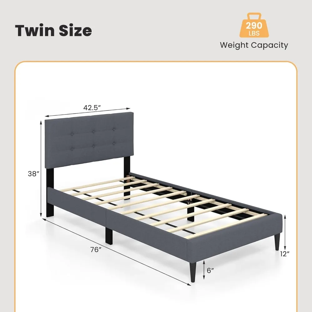 Giantex Twin Bed Frames for Kids, Modern Fabric Linen Upholstered Platform Bed Frame with Button Tufted Headboard and Wooden