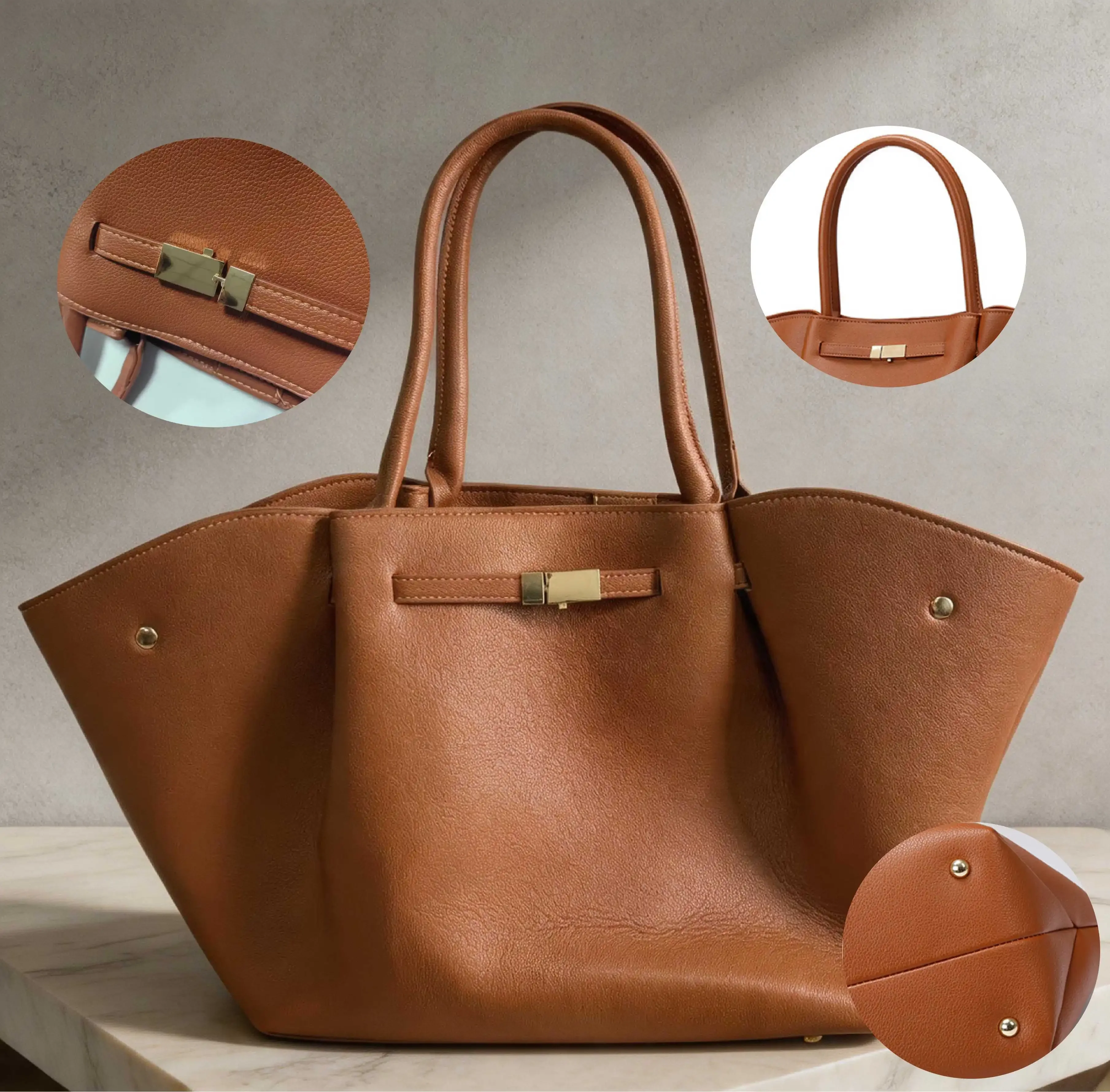 Women's Large-Capacity PU Leather Tote Bag with Lychee Pattern, Suitable for Commuting, Soft Leather Dumpling Bag