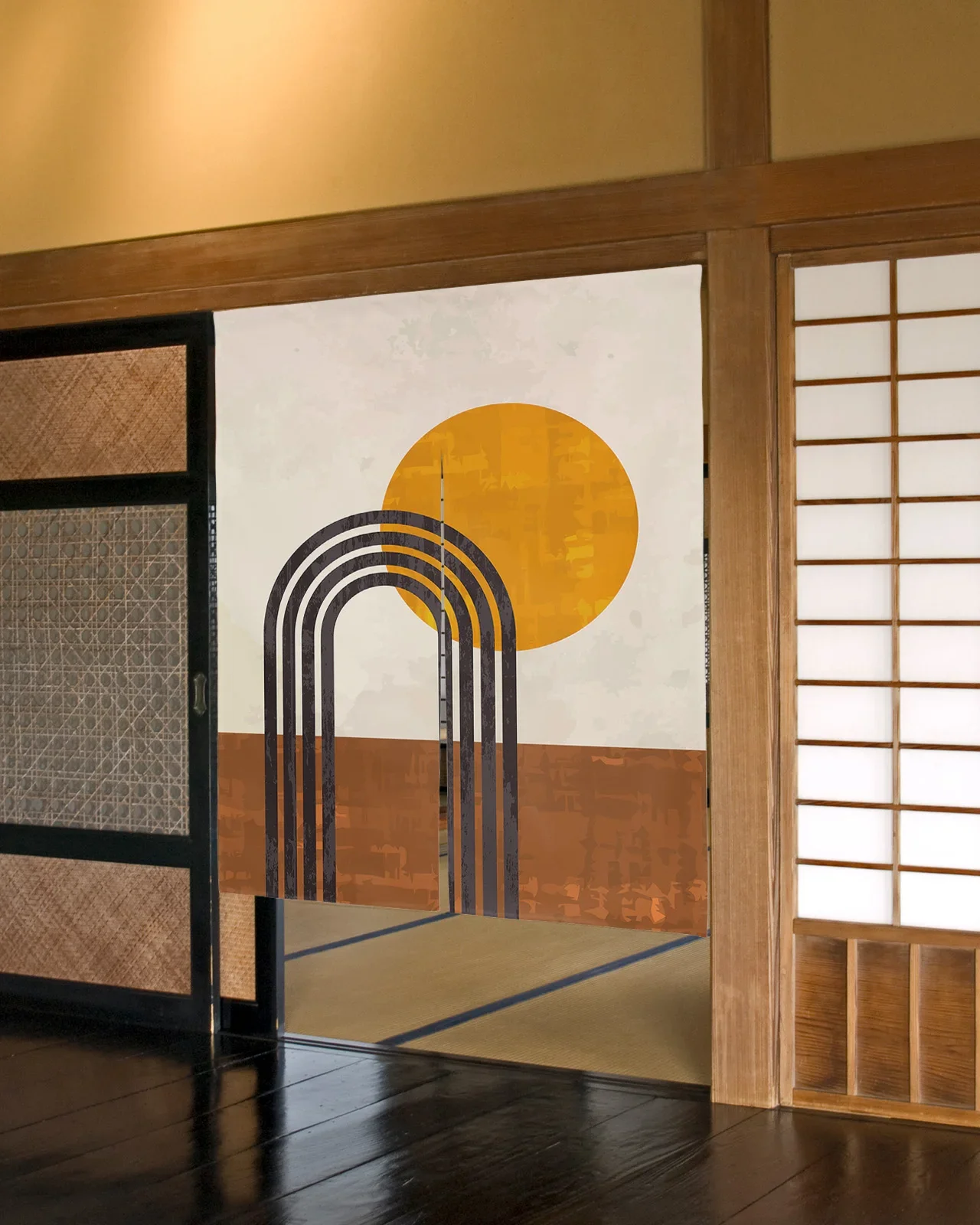 Abstract Art Mid Century Door Curtain Japanese Style Bedroom Partition Drapes Kitchen Entrance Hanging Half-Curtains