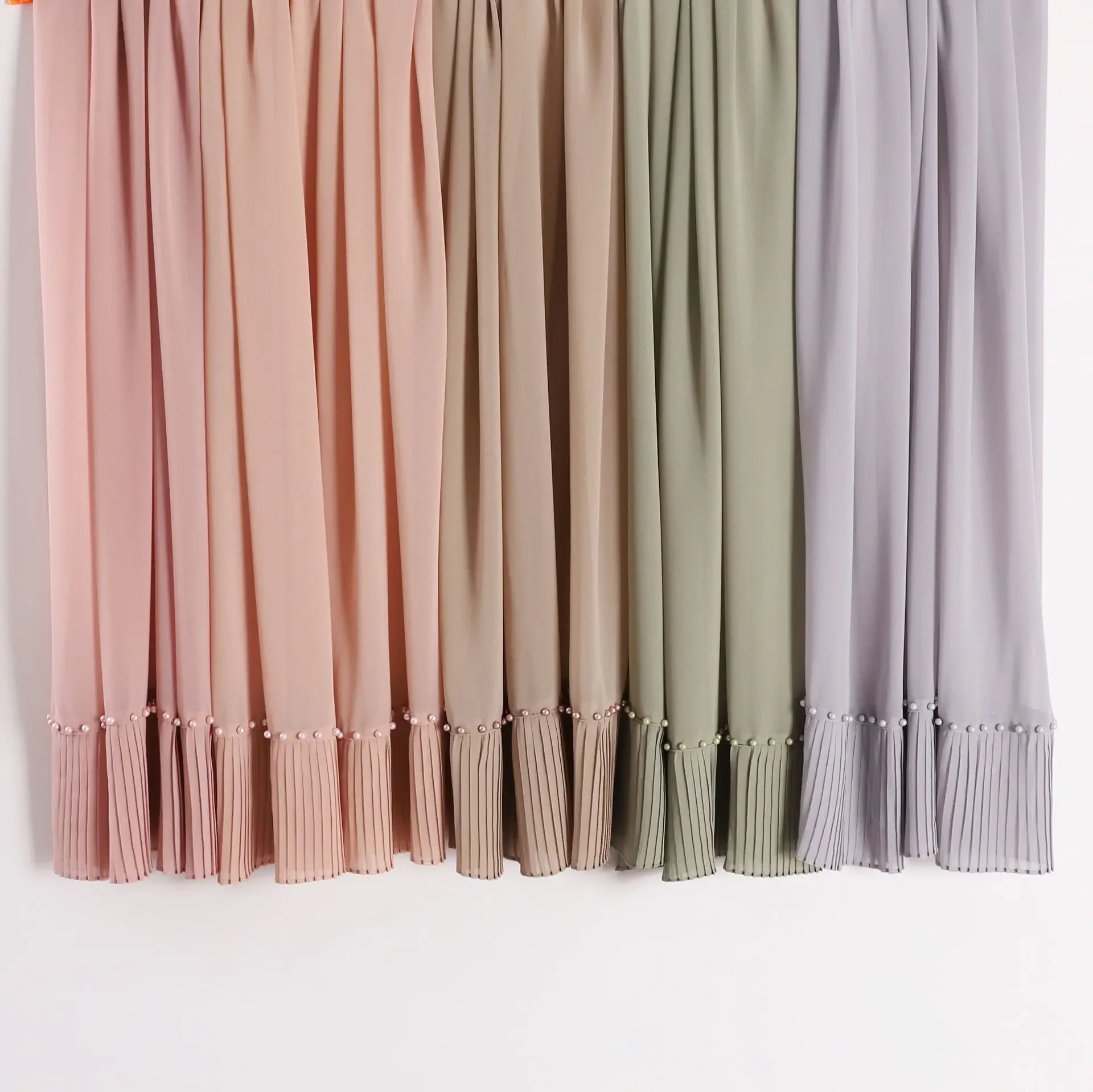 

New Women Chiffon Pearls Long Scarf Ruffles Shawl Wrap Turban Muslim Hijab Veil Headscarf Islam Stoles Bandanas Bufanda Foulard