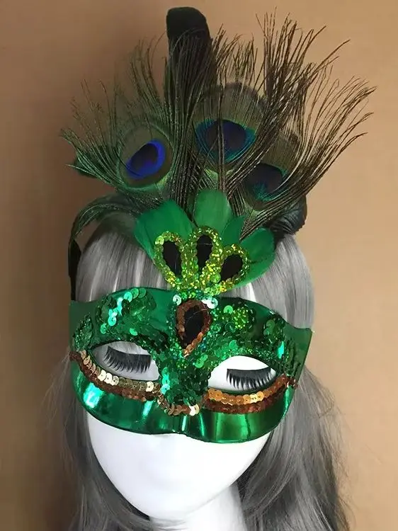 Masque de plumes de paon fait à la main, mascarade de noël, demi-visage, masque de fête d'anniversaire