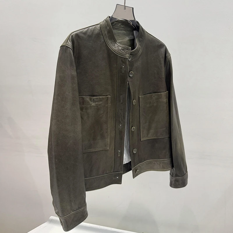 レトロオイルワックスレザー女性本革ジャケットコート 2026 春のファッションスタンドカラー女性カジュアル A レベルシープスキンジャケット