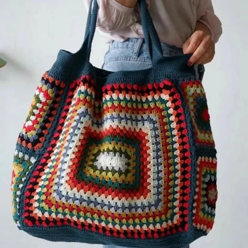 Colorful Checked Granny Square Big Shoulder Bag Boho Hippie Handbags For Women High-Capacity Cute Purse For Summer Beach