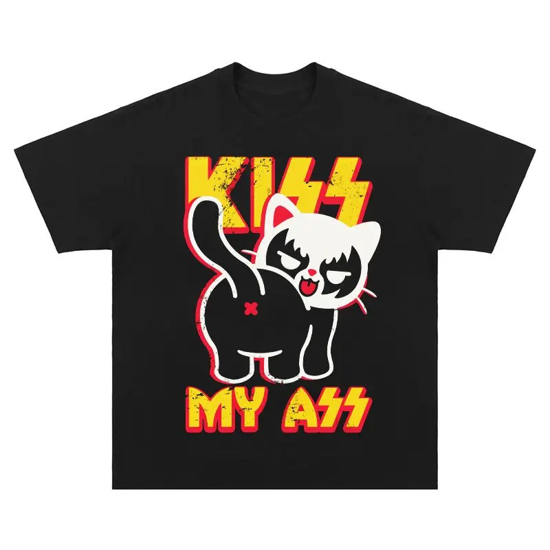 Kiss My Ass Rock Fun T-Shirt, reine Baumwolle, Retro-amerikanisches, lässiges, lockeres Kurzarm-T-Shirt für Herren und Damen