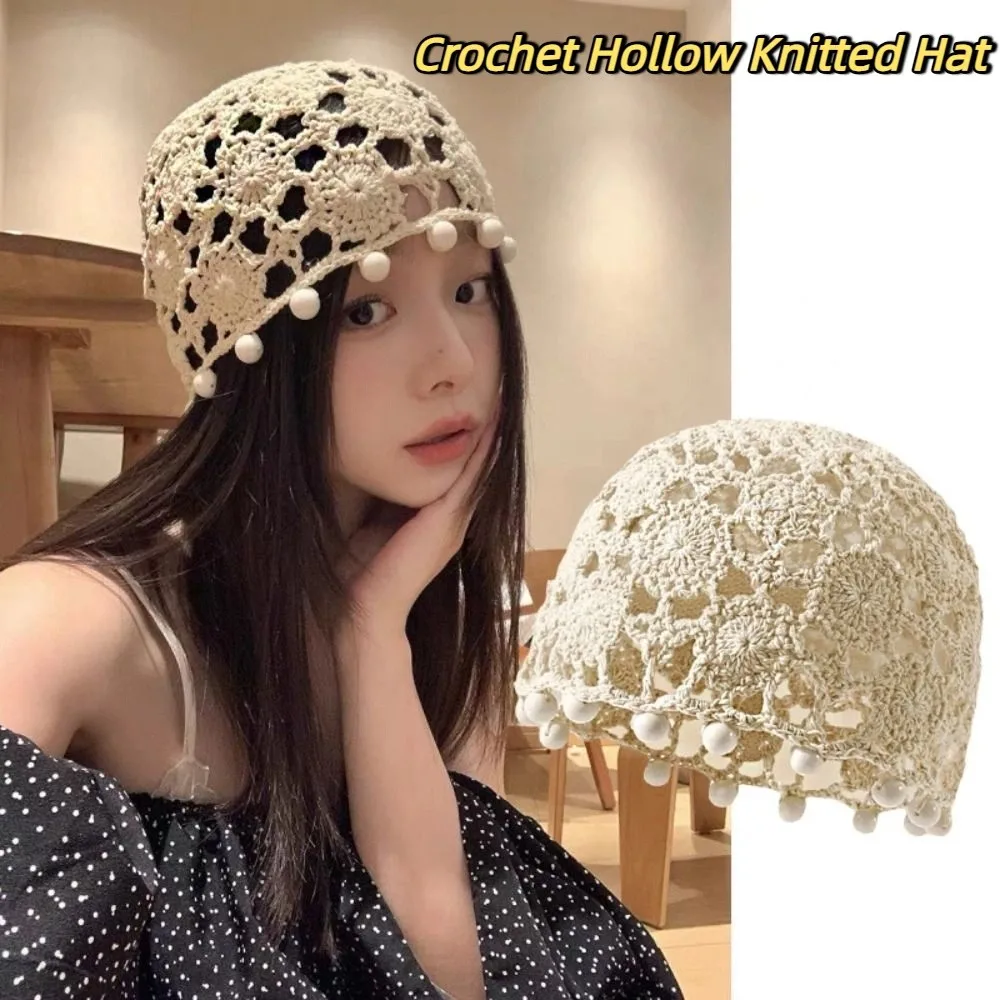 

Retro Sweet Crochet Hollow Knitted Hat Flower Beads Tassels Knit Beanies Bohemian Style Hollow Out Weave Cap Outdoor