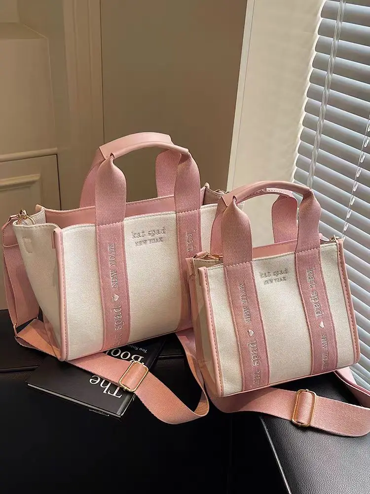 

Striped Canvas Tote Crossbody Bag for Women 2025 New High Quality Luxury Brand Design Pink HandBag Purses