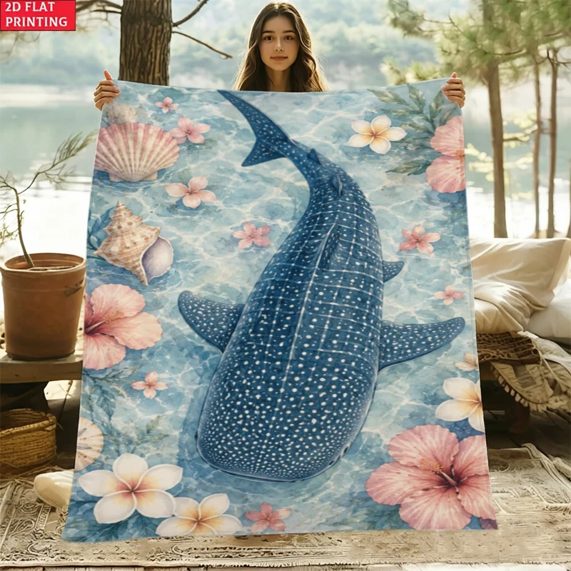 Tropical Whale Shark Seashell Floral Throw Blanket Sunroom Balcony Reading Corner Soft Blanket Guest Lounge Bedroom Nook Gifts