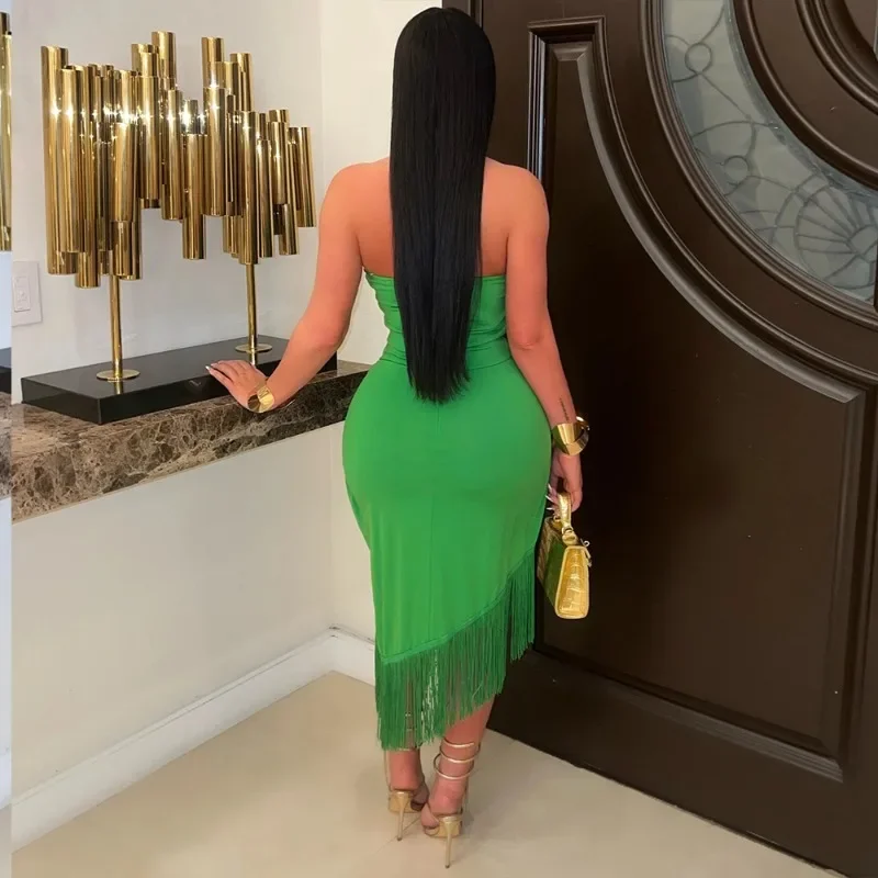 Effen elegante kwastje feestjurken dames nachtclub halter backless strapless mouwloze gedrapeerde onregelmatige sexy bodycon-jurk