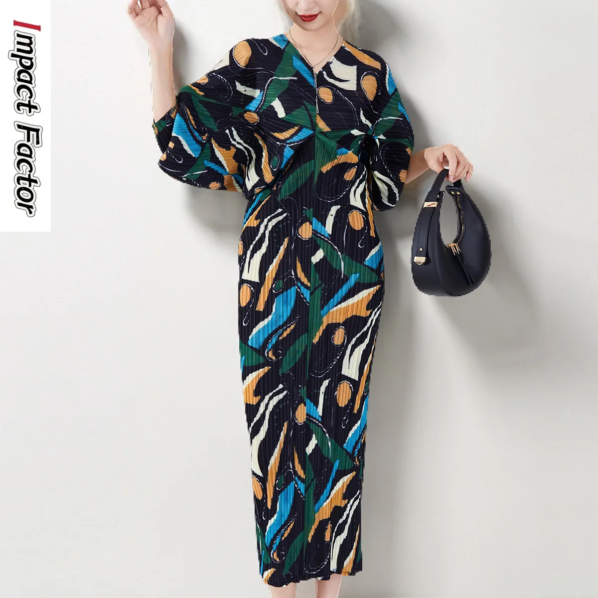 

Miyake Fashion Loose Folded Skirt Autumn Women's High Sense Ins Tide Loose Women's V-Neck Bat Dress Long