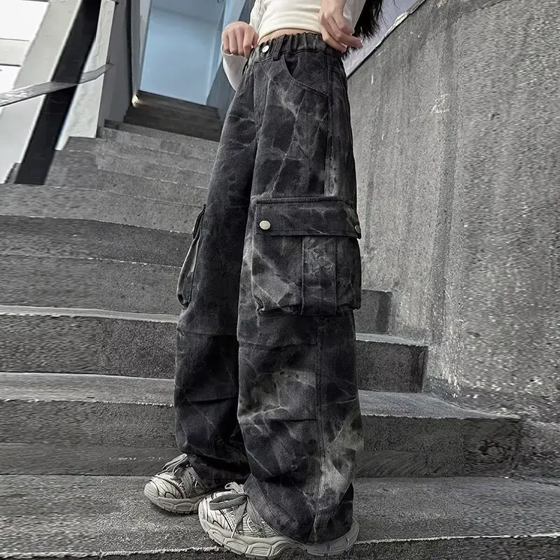 Teen Girls Tie-dye Camouflage Cargo Pants Korean Fashion Spring Autumn Childen Streetwear Straight Wide Leg Casual Kids Trousers