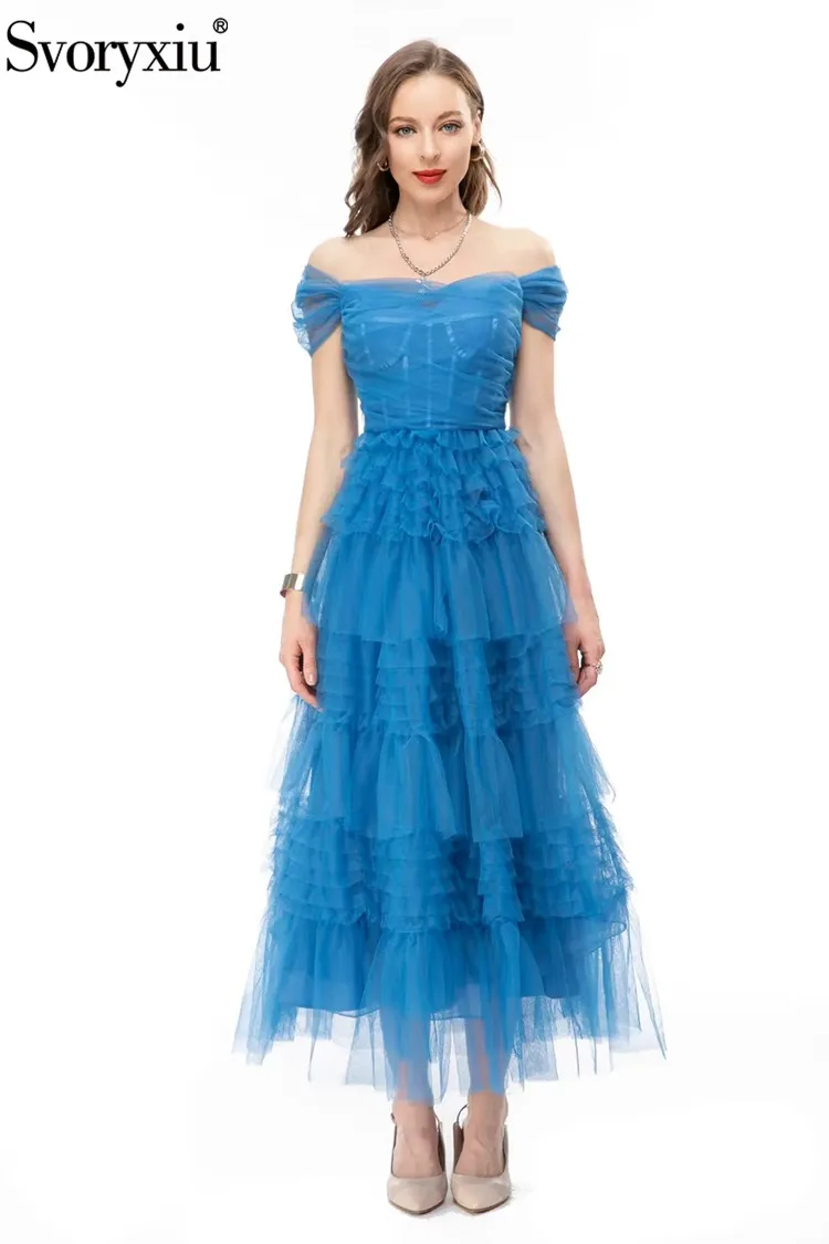 

Svoryxiu Summer Designer Vintage Pink Color Gauze Ankle-Length Dress Women's Strapless Cascading Ruffle High Waist Slim Dress