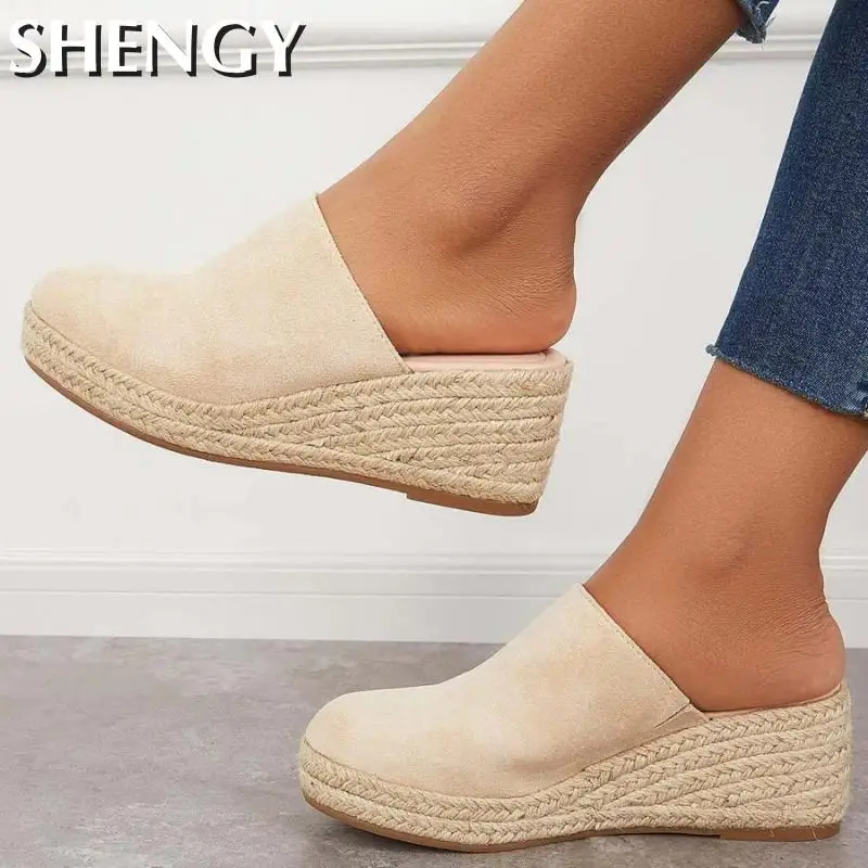 Ladies Mules Wedges Fashion Suede Closed Toe Sandals Slip On Backless Heeled Shoes for Women Summer Casual Beach Sandalias Mujer