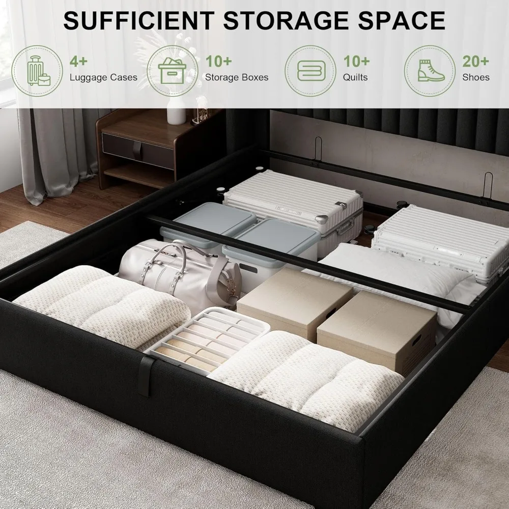 إطار سرير تخزين كبير الحجم من Feonase، سرير بمنصة منجدة من الكتان مع لوح رأسي مجنح، تخزين هيدروليكي، بدون صندوق S #3