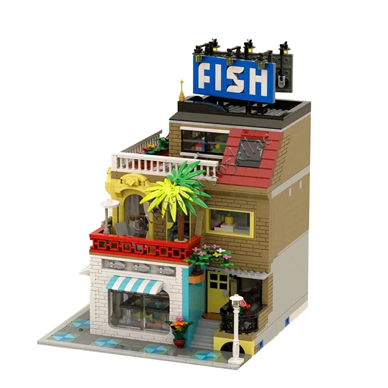 Bloc de construction modulaire personnalisé MOC pour enfants, 2364 pièces, maison, coin de rue, magasin de poissons, modèle populaire Simple, bricolage, jouet d'anniversaire, cadeau