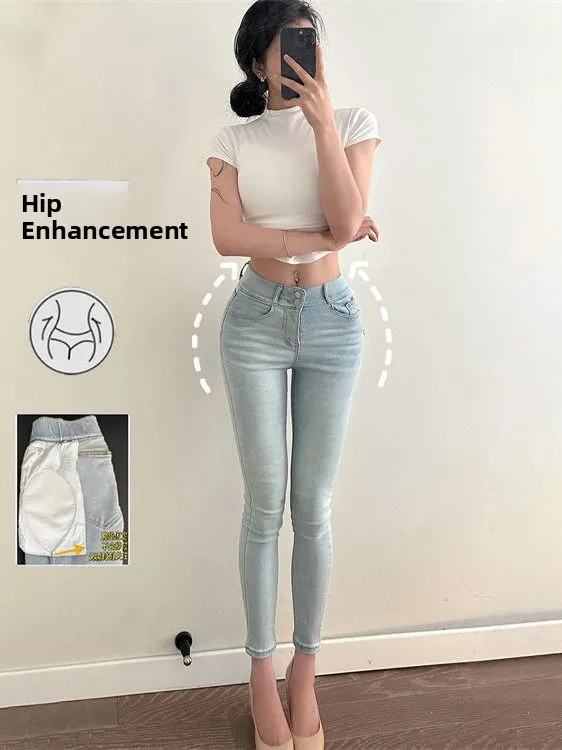 

Джинсы облегающего кроя с высокой талией, женские эластичные хлопковые эластичные джинсовые брюки, корейские брюки с девятью точками, обтягивающие тело, маленький размер