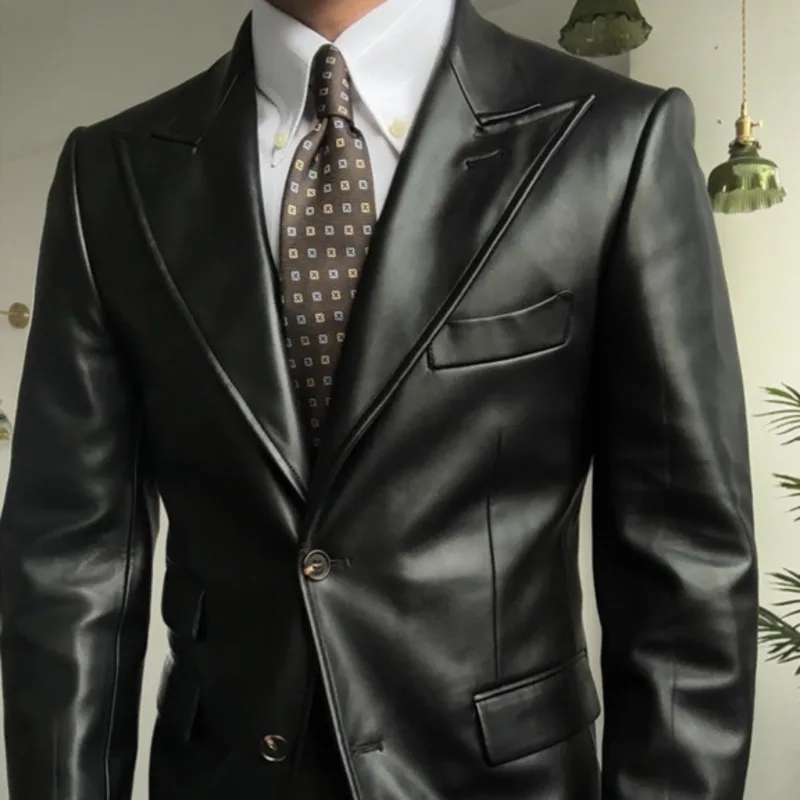 Leather Blazer Jacket Men Black Leather Coat Casual Korean Chaquetas Hombre Motorrad Blazer Single-breasted Lapel Leather Jacket