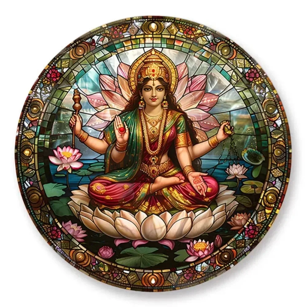 لوحة فنية جدارية من الألومنيوم عتيقة من Lakshmi - نمط زجاجي ملون، 7.8 × 7.8 بوصة، آلهة هندية على عرش اللوتس