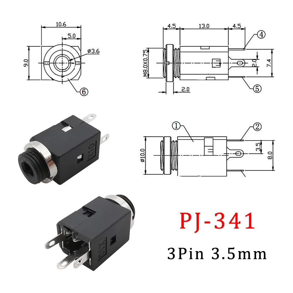 10Pcs PJ Series Headphone Jack 3.5mm 2.5mm Stereo Female Socket Audio PCB Mount Connector PJ-316 PJ307 PJ392A Interface Adapter