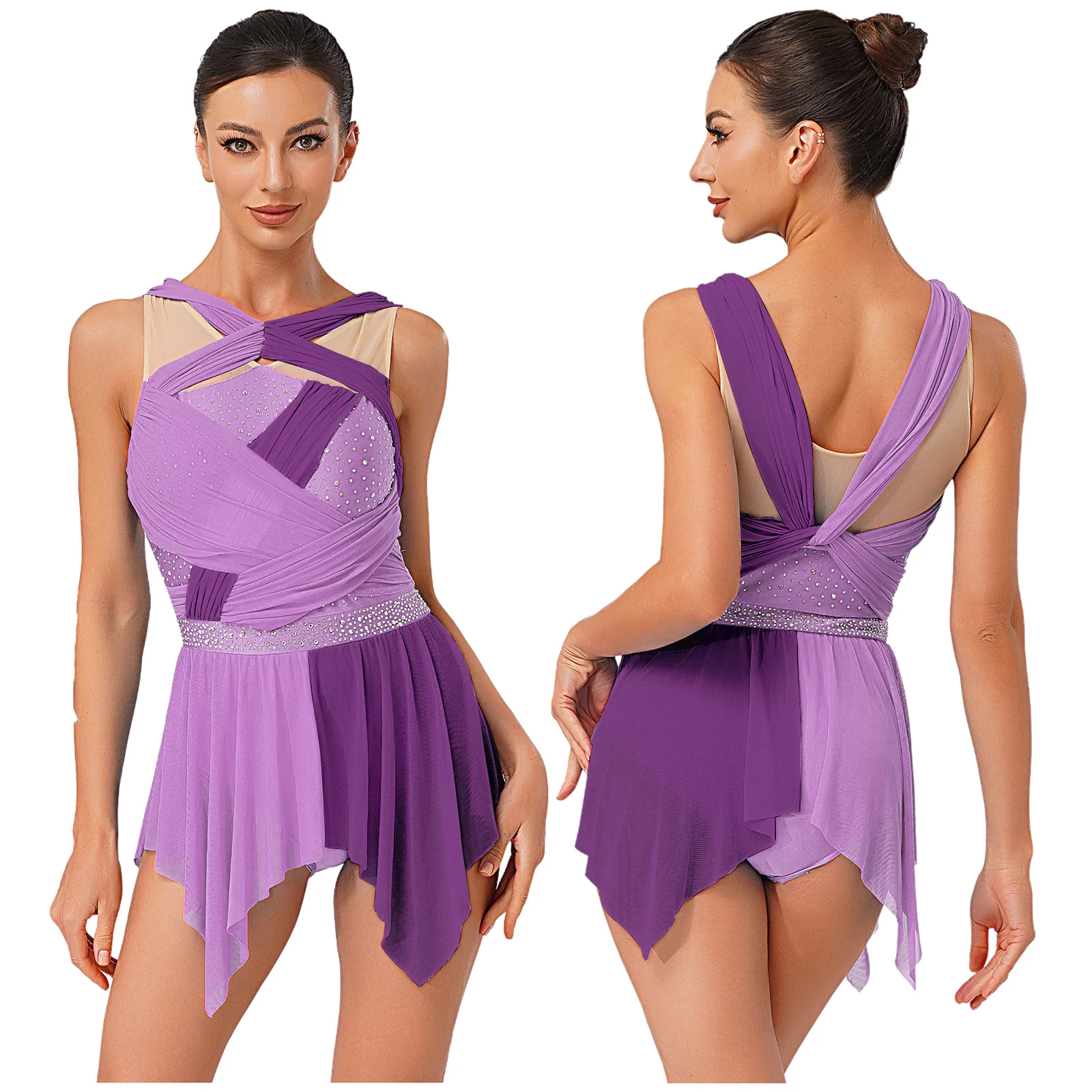 

Womens Lyrical Jazz Latin Dance Dress Mesh Ruched Knot Irregular Hem Sleeveless Leotard Dress for Stage Prom Dance Performance