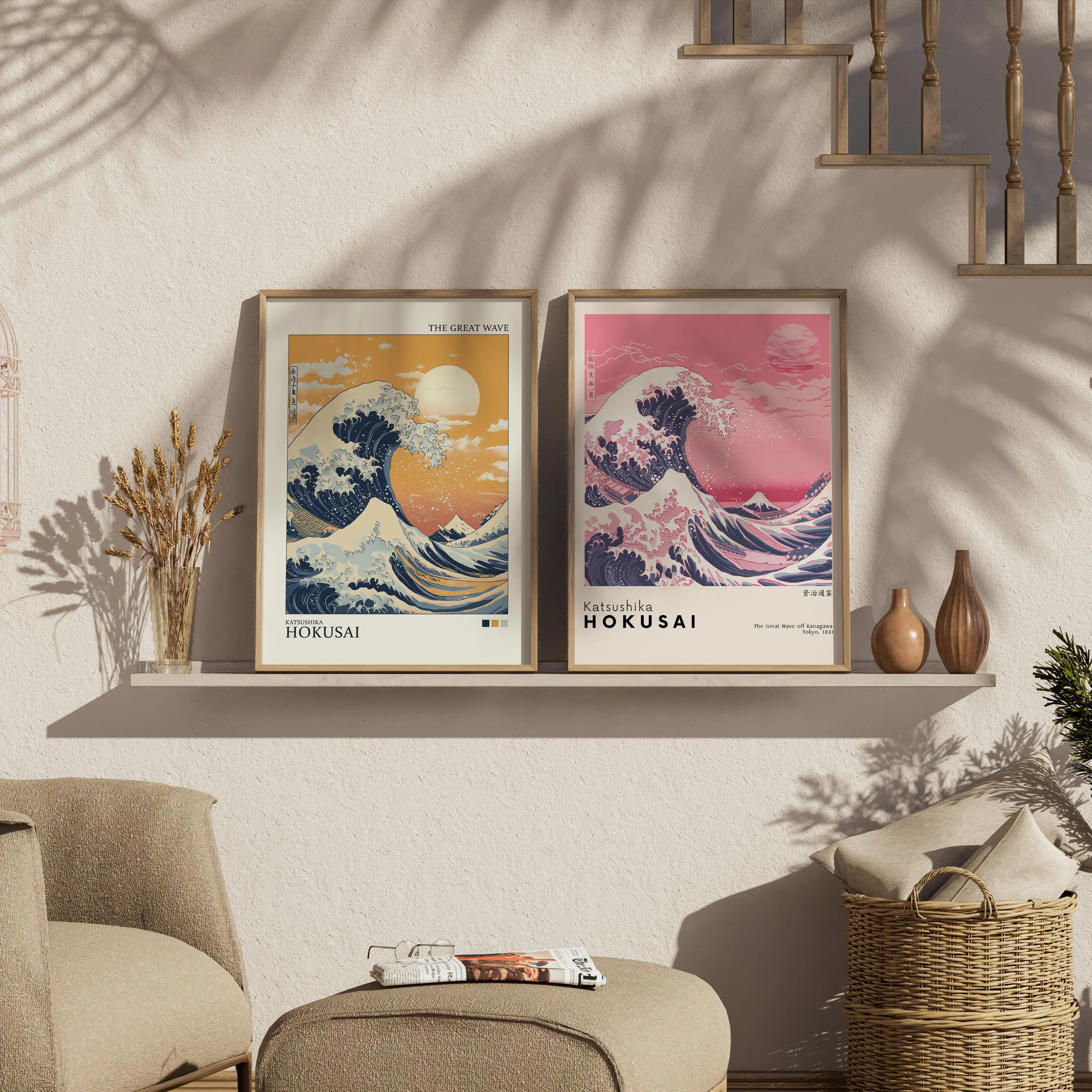 Japanese The Great Wave Poster Set of 2 Prints, Hokusai Print, Japanese Wall Art, Hokusai Poster, Japandi Wall Art Home Decor