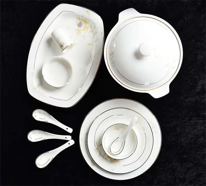 46piece set, fine bone china dinnerware sets, porcelain bento, party dinner plate, buffet-dishes for serving, gold line design