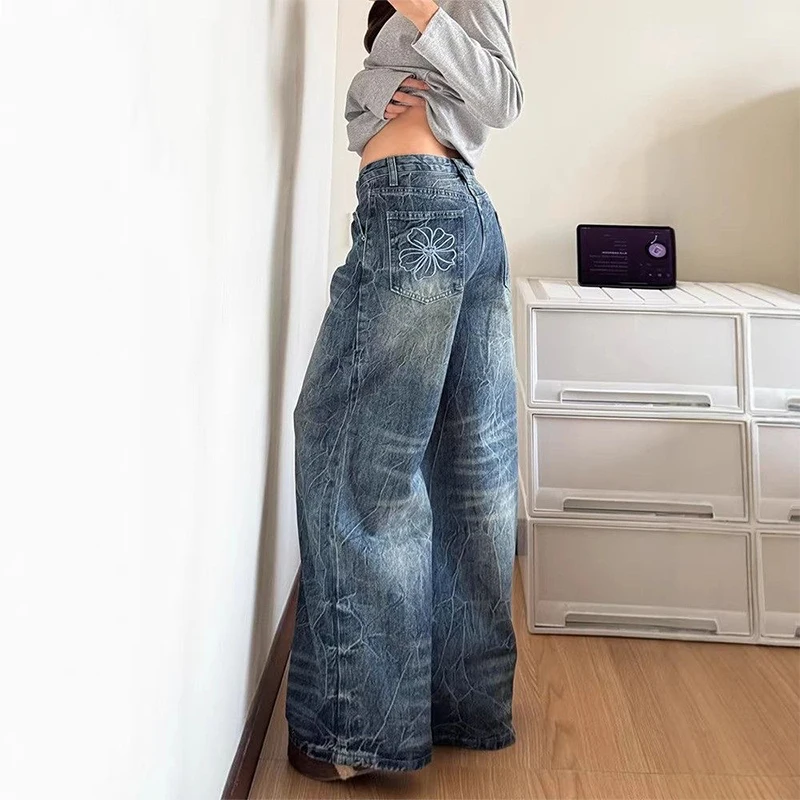 

2026 Spring Summer Women High Waisted Floral Pattern Wide Leg Denim Trousers , Woman Clothing Designer Jacquard Jeans Pants