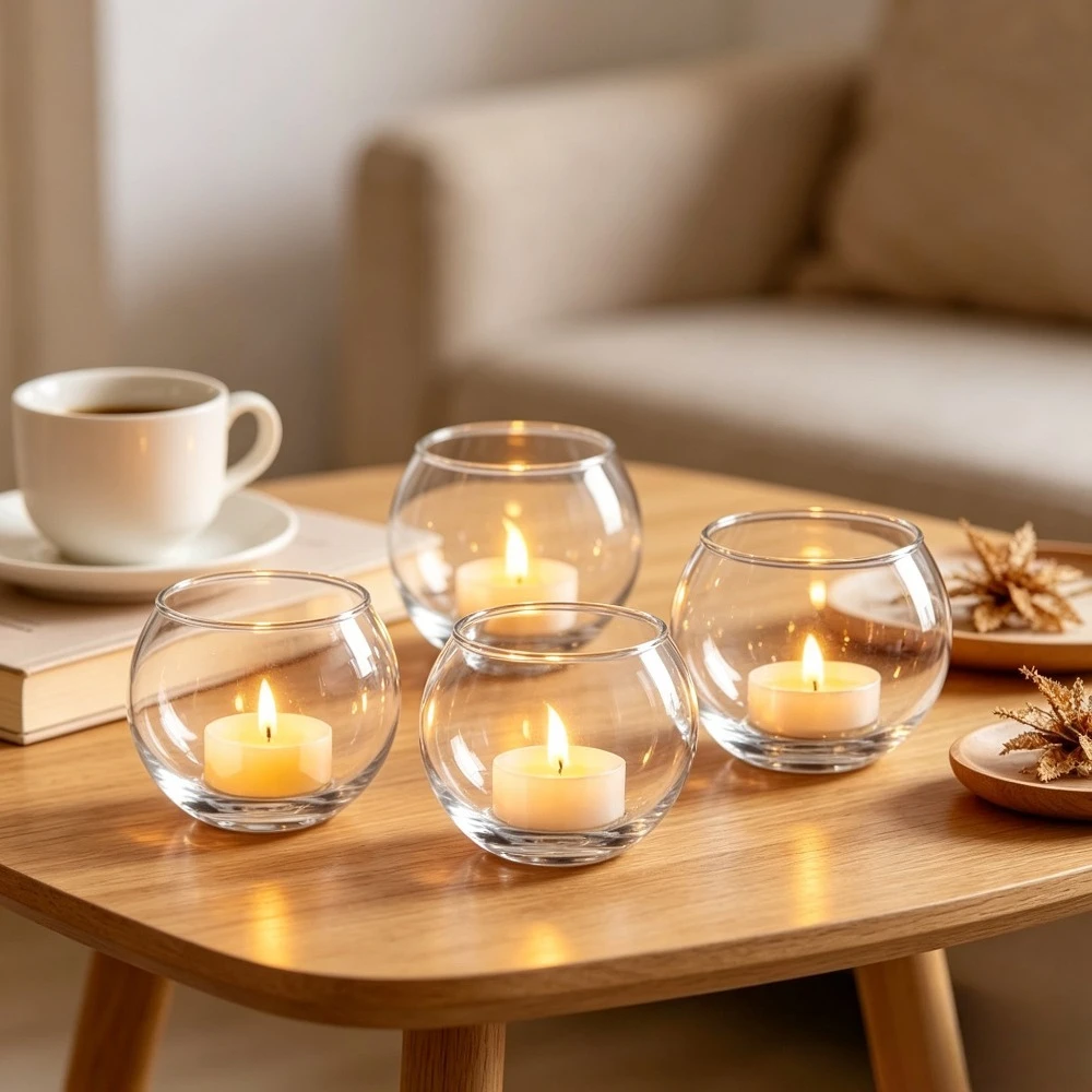 Transparent Round Glass Tealight Holder with LED Candle Light Bowl Shaped Candlestick Centerpiece Xmas Wedding Table Decoration