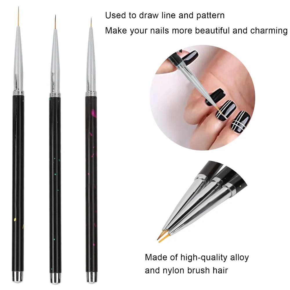 3PCS Alloy Handle Professional Nail Brushes Set Nylon Hair Black Nail Art DIY Brush Set Stripes Line Drawing Pen Home Salon