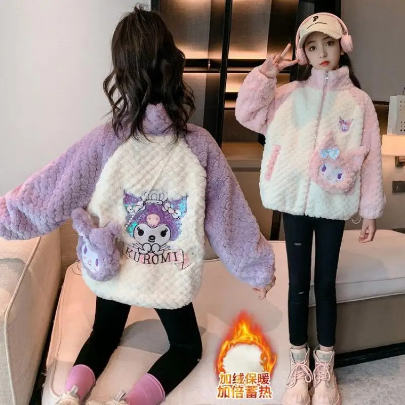 Hot Sanrio Kuromi Girl Flannel Thicken Hoodie Coat Hello Kitty Winter Clothes New Style Child Cotton Padded Jacket Kawaiicartoon