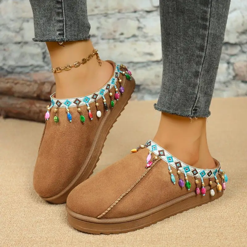 

Женские хлопковые тапочки с бахромой в богемном стиле, зимние удобные тапочки на толстой подошве, 20220, теплые короткие плюшевые уличные шлепанцы