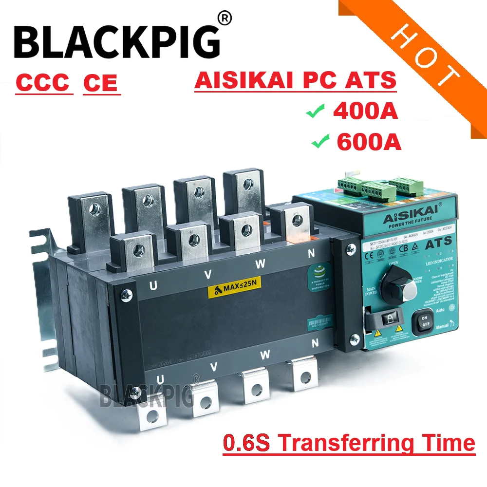 Updated Original Aisikai ATS 4P 630A 400A Dual Power Automatic Transfer Switch Generator ATS Switch 0.6S Transferring Time