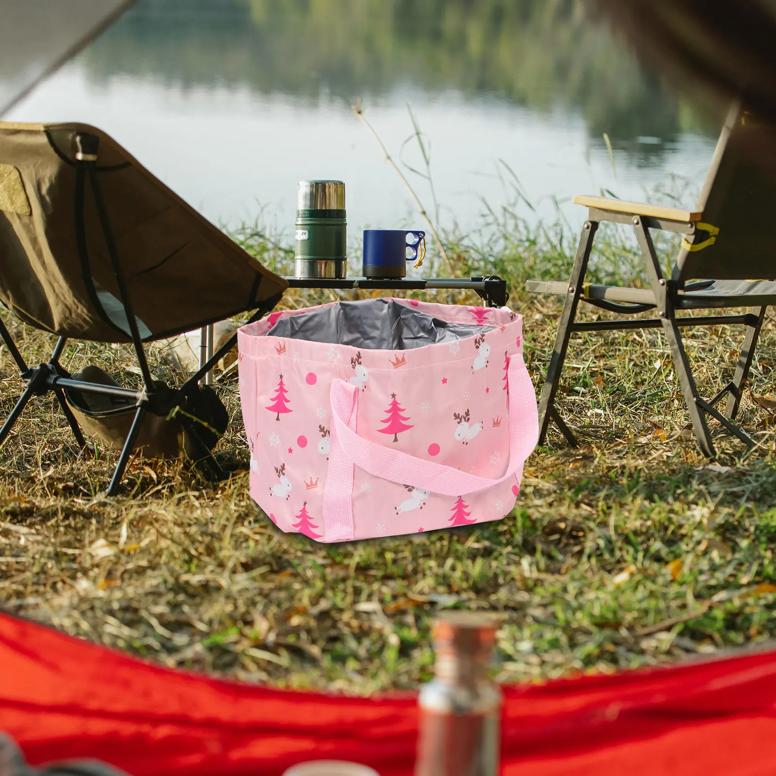 

Outdoor Folding Basin Large Capacity Pink Deer Collapsible Water Container Canvas Garden Camping Travel Foldable Bucket Portable