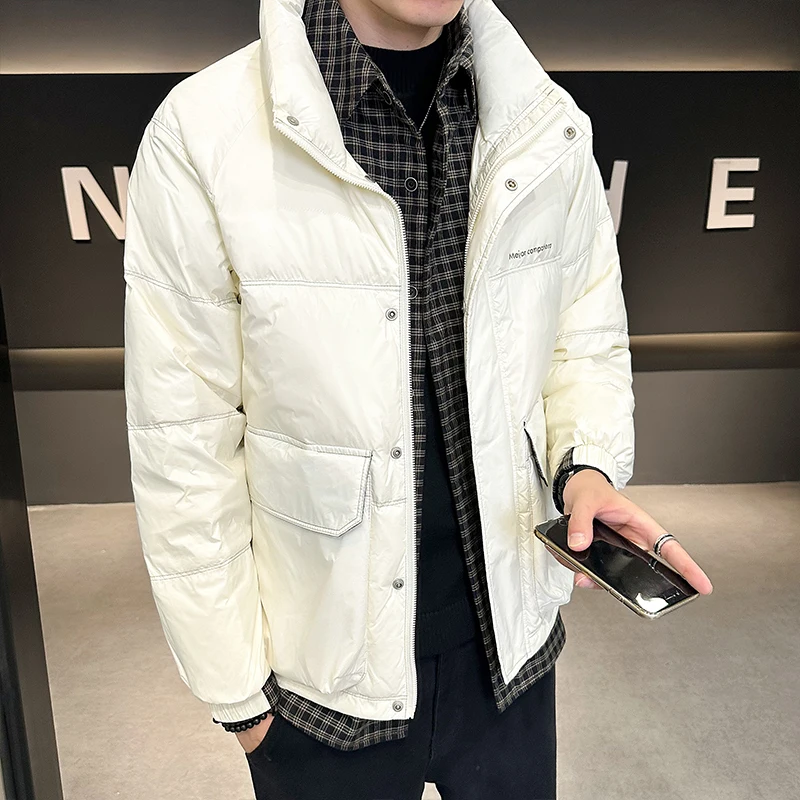 Men's Fashion Winter White Duck Down Jackets 2023New Mens Stand Collar All-match Fake Two Men's Big Pocket Down Jacket Outerwear