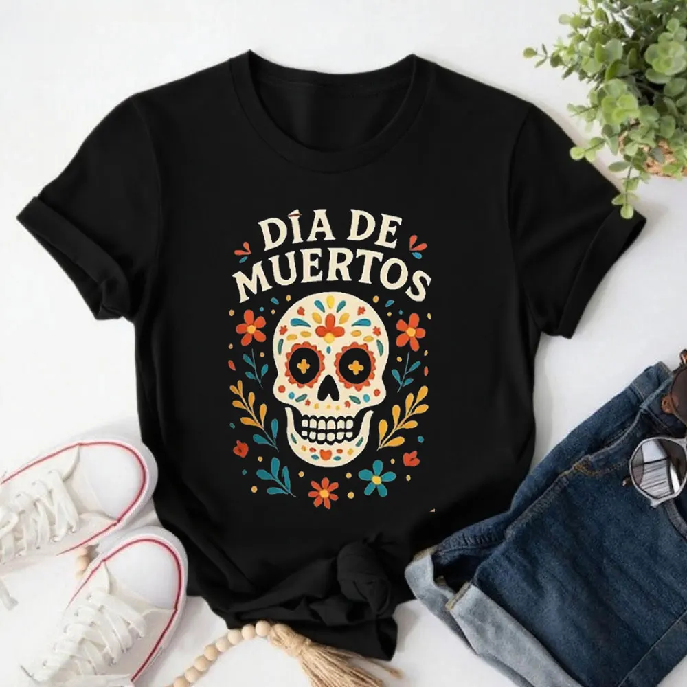 유니섹스 데이 오브 더 데드 티셔츠 정통 멕시코 티셔츠 컬러풀한 해골 프린트 축제용 멕시코 의류 O넥 고품질 면