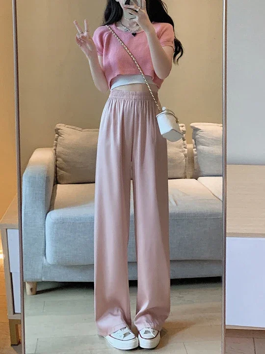 Ice Silk Satin Pants Women Fashion 2023 Casual  High Waist Satin Wide Leg Trousers Thin Summer Pants Floor Length Female Slacks