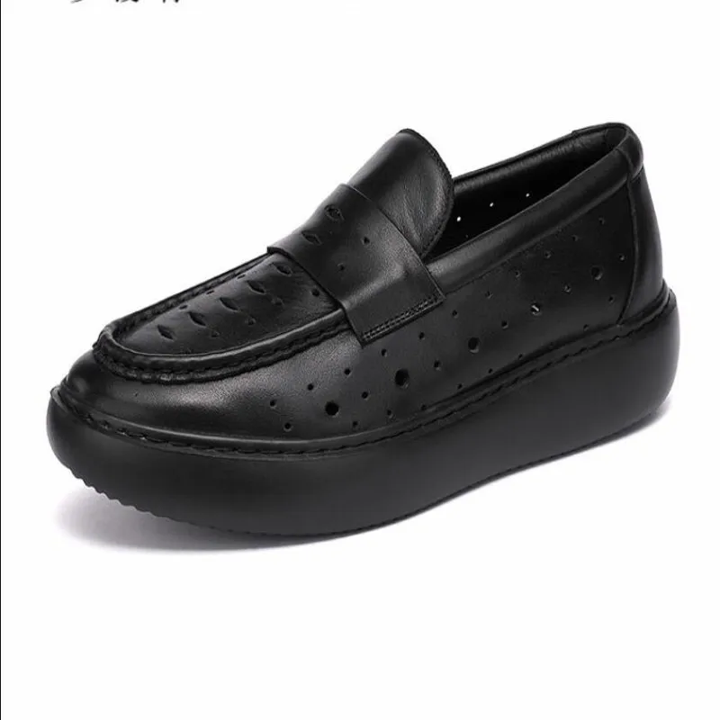 Summer Genuine Leather Breathable Thick heel Loafers Black Slip on Casual Shoes for men Hombre