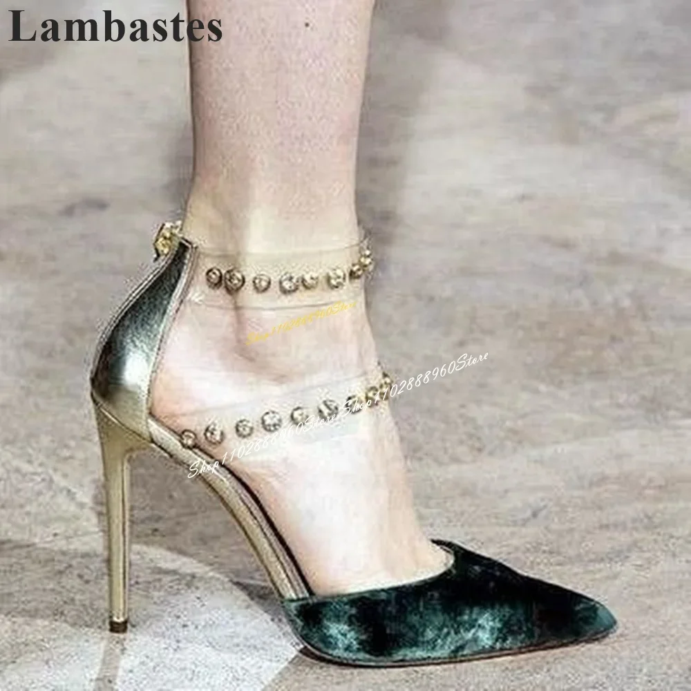 

Green Suede Metallic Leather Rivets PVC Strip Pumps Thin High Heel Women Shoes Back Zipper Pointed Toe Splicing Women Sandals