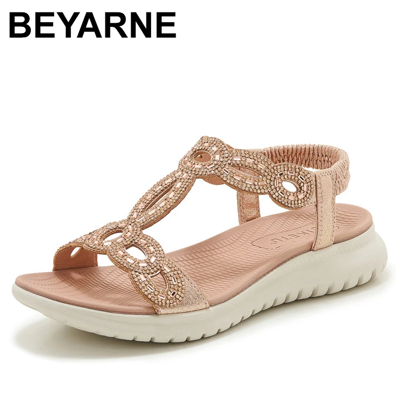 

Женские сандалии, летние повседневные нескользящие пляжные сандалии из искусственной кожи с бриллиантами в богемном стиле, с открытым носком, на танкетке и платформе