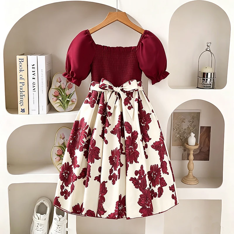 Sommerkleid für Mädchen 13-16 Jahre, Blumenmuster, Quadratischer Ausschnitt, Puffärmel, Gerafftes Oberteil, Schleifenknoten an der Taille, A-Linie, Swing-Midi-Kleid für Teenager – Detail 2