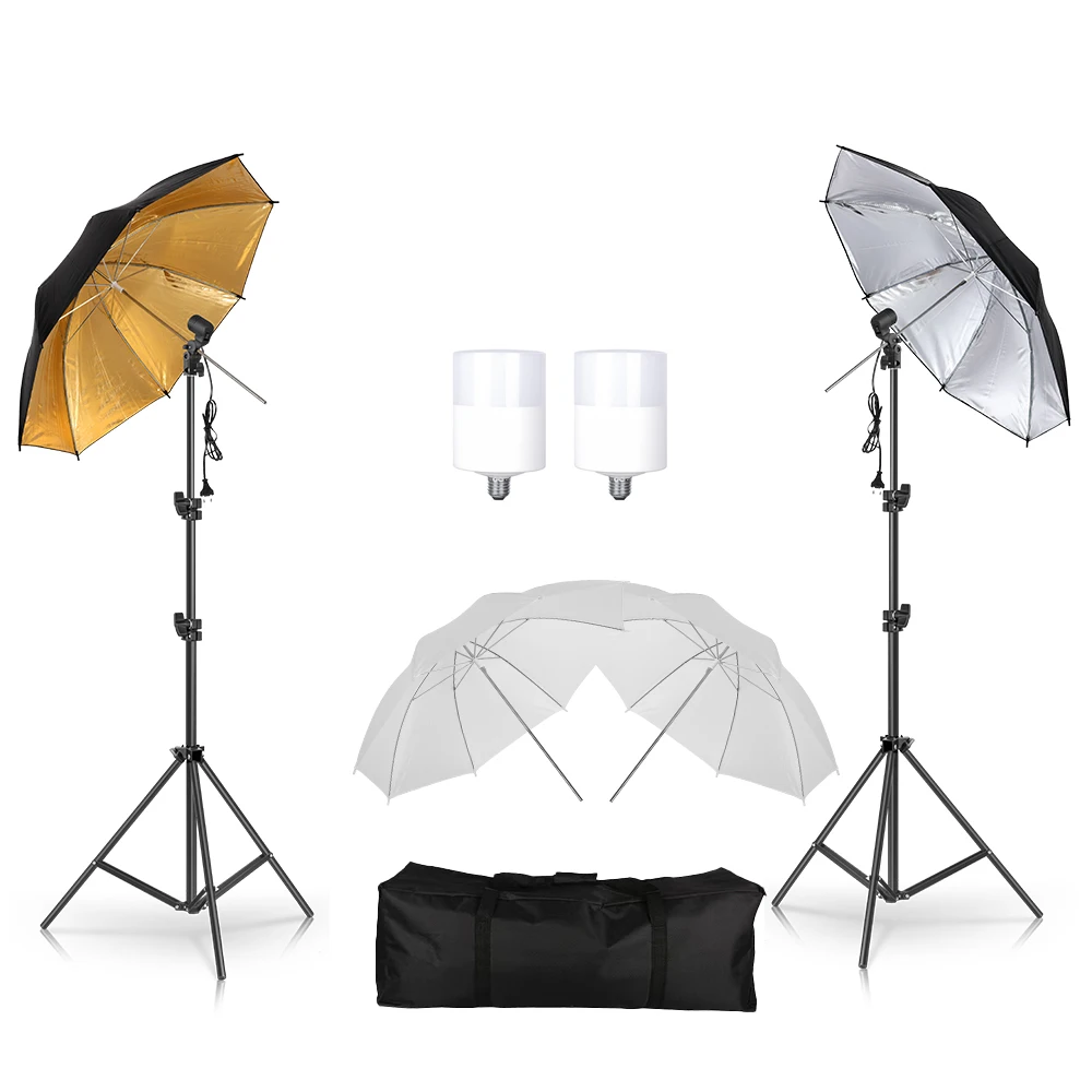 

SH Photo Studio Umbrella kit With White Gold Black 33 ' 84 cm Soft Light Umbrella With Bulb Lighting Shooting Lamp Holder Tripod